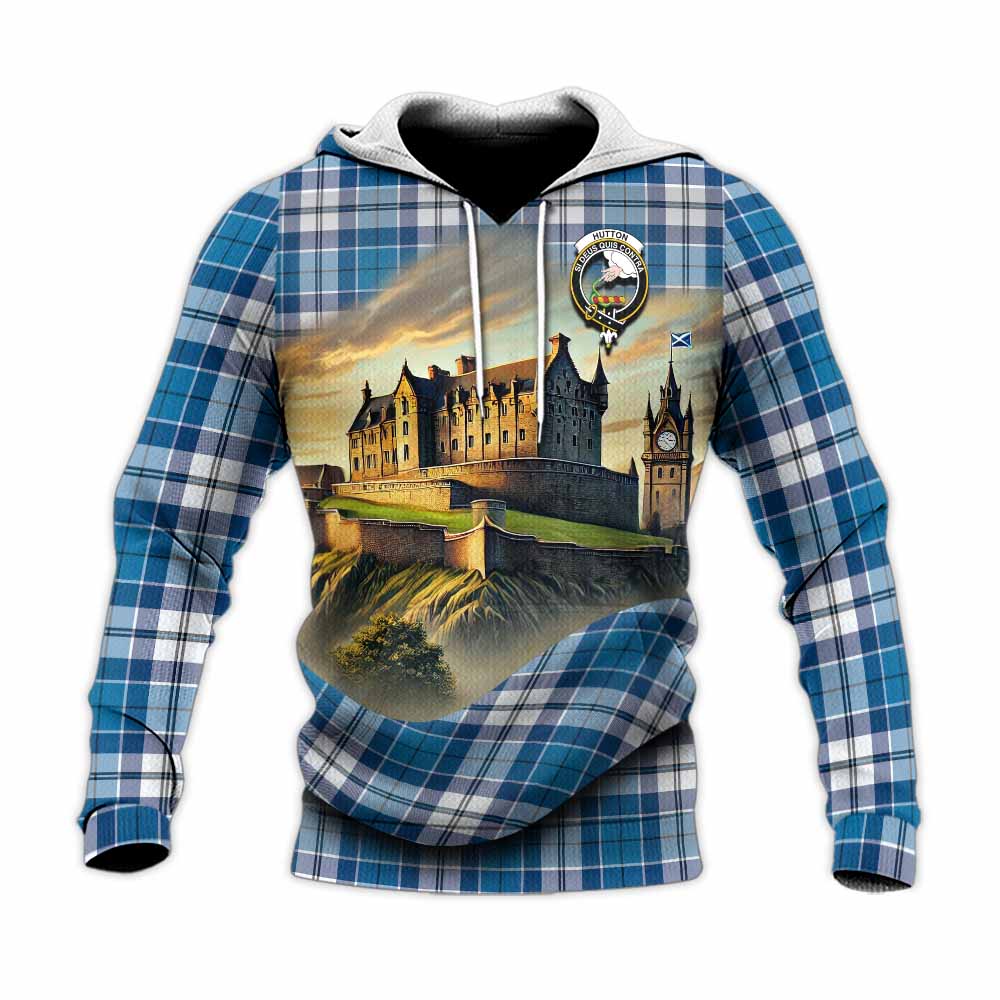 Hutton Tartan Family Crest Knitted Hoodie with Scottish Ancient Castle Style Unisex Knitted Pullover Hoodie - Tartan Vibes Clothing