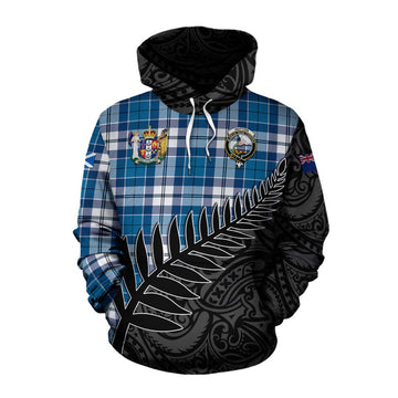 Tartan Vibes Clothing Hutton Crest Tartan Cotton Hoodie with New Zealand Silver Fern Half Style