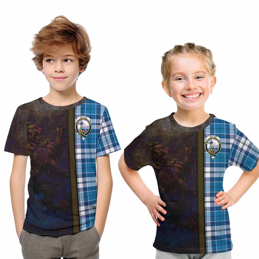 Tartan Vibes Clothing Hutton Tartan Family Crest Kid T-Shirt Alba Gu Brath Be Brave Lion Ancient Style