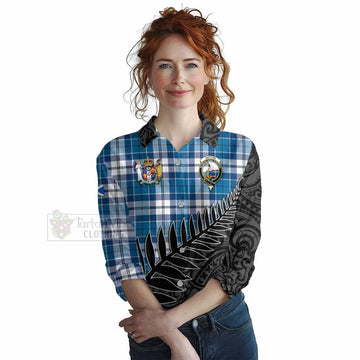 Tartan Vibes Clothing Hutton Crest Tartan Women's Casual Shirt with New Zealand Silver Fern Half Style