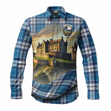 Tartan Vibes Clothing Hutton Tartan Family Crest Long Sleeve Button Shirt with Scottish Ancient Castle Style