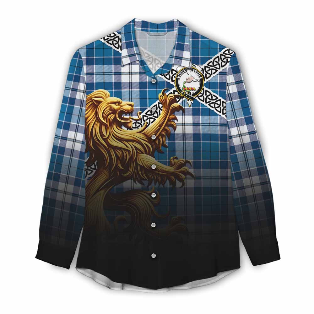 Hutton Crest Tartan Women's Casual Shirt with Golden Lion Emblem Celtic Style Female - Tartan Vibes Clothing