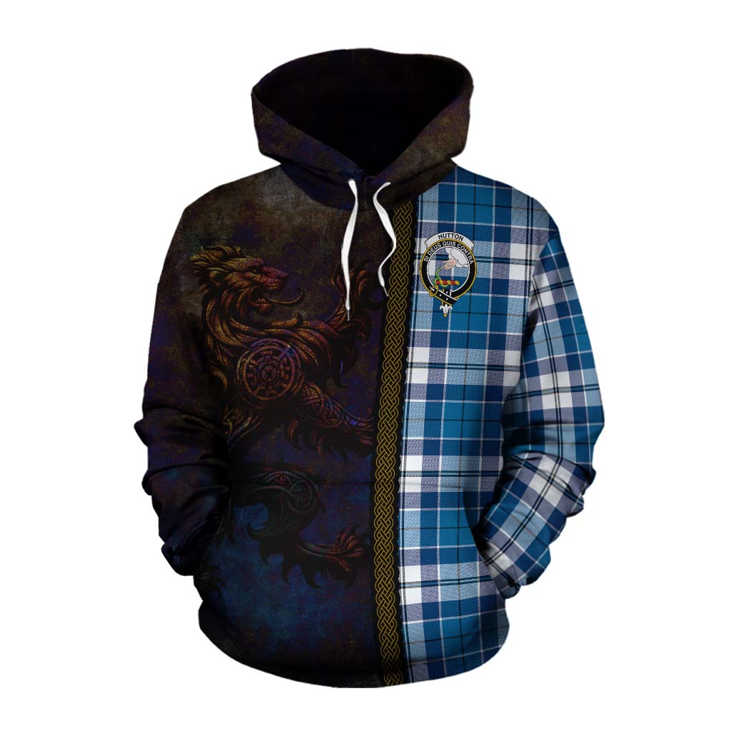 Tartan Vibes Clothing Hutton Tartan Family Crest Cotton Hoodie Alba Gu Brath Be Brave Lion Ancient Style