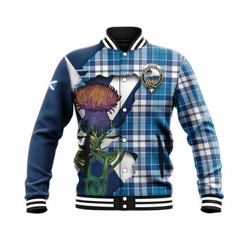 Tartan Vibes Clothing Hutton Tartan Family Crest Baseball Jacket Scottish Thistle Celtic Inspired