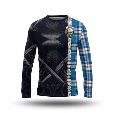 Hutton Tartan Long Sleeve T-Shirt with Family Crest Cross Sword Thistle Celtic Vibes Unisex - Tartan Vibes Clothing