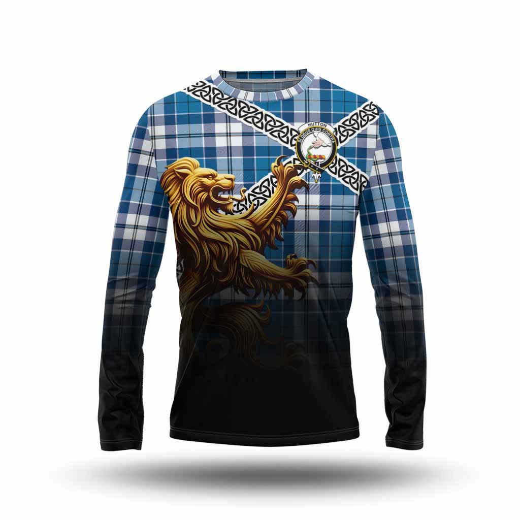 Hutton Crest Tartan Long Sleeve T-Shirt with Golden Lion Emblem Celtic Style Unisex - Tartan Vibes Clothing