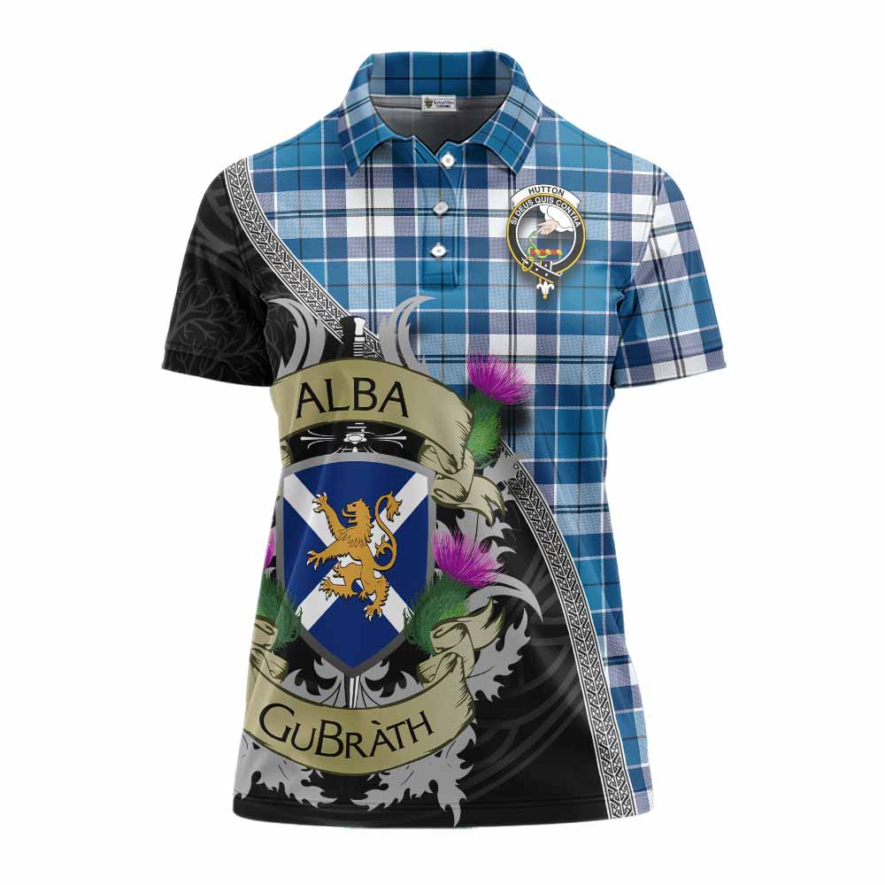 Hutton Tartan Family Crest Women's Polo Shirt Lion Rampant Royal Thistle Shield Celtic Inspired Women - Tartan Vibes Clothing