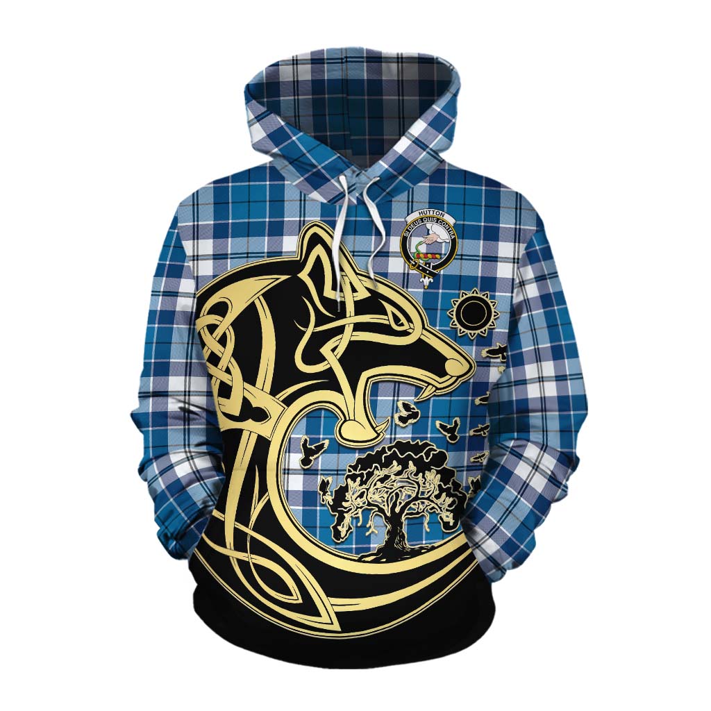 Hutton Tartan Cotton Hoodie with Family Crest Celtic Wolf Style Pullover Hoodie XS - Tartan Vibes Clothing