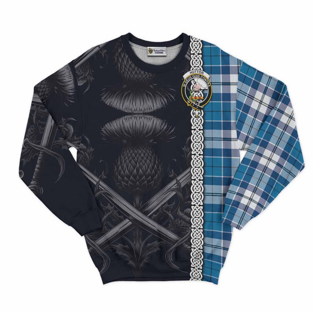 Hutton Tartan Sweatshirt with Family Crest Cross Sword Thistle Celtic Vibes Unisex - Tartan Vibes Clothing