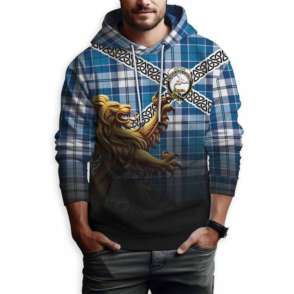 Hutton Crest Tartan Hoodie with Golden Lion Emblem Celtic Style Pullover Hoodie - Tartan Vibes Clothing