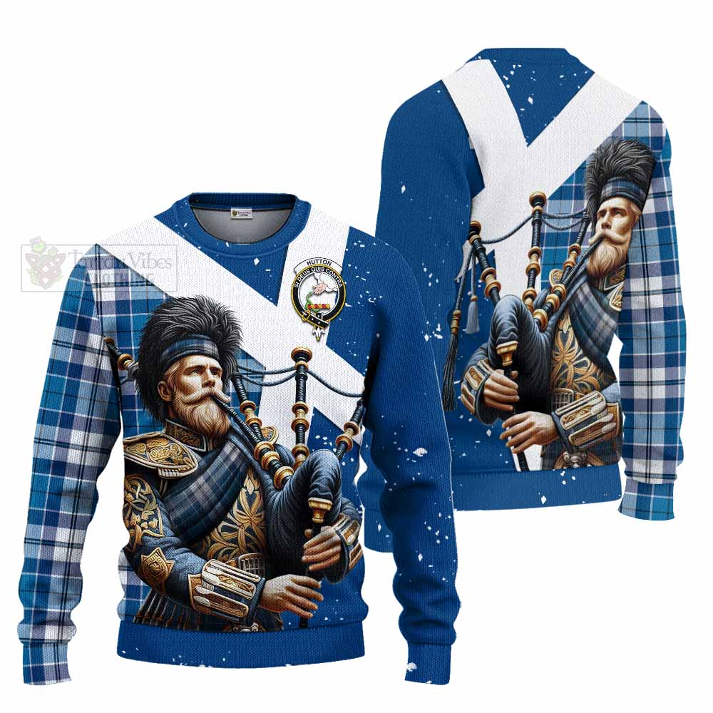 Hutton Tartan Knitted Sweater with Family Crest Scottish Bagpiper Vibes Unisex - Tartan Vibes Clothing