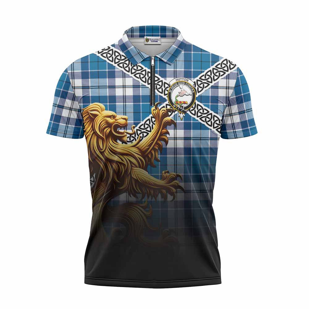 Hutton Crest Tartan Zipper Polo Shirt with Golden Lion Emblem Celtic Style Unisex - Tartan Vibes Clothing