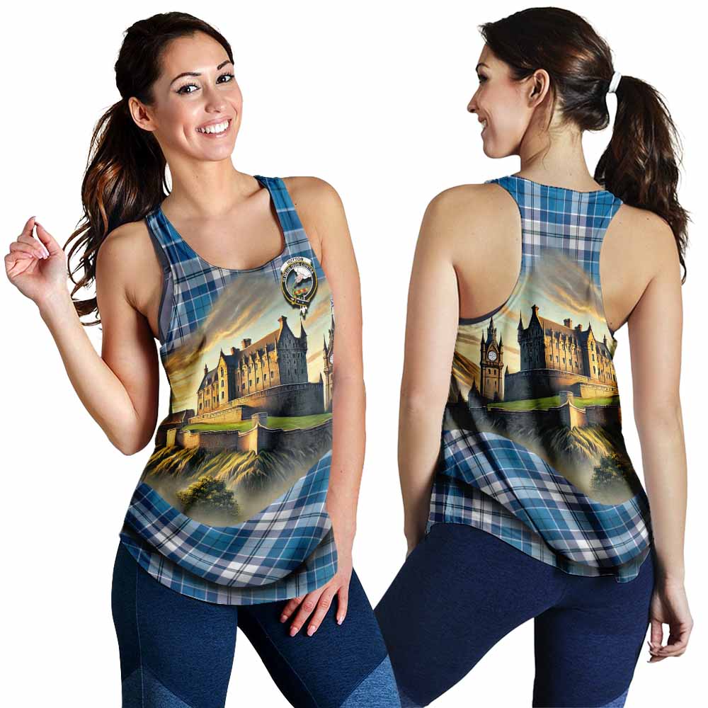 Hutton Tartan Family Crest Women's Racerback Tanks with Scottish Ancient Castle Style 4XL - Tartan Vibes Clothing