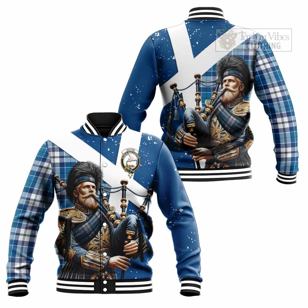 Hutton Tartan Baseball Jacket with Family Crest Scottish Bagpiper Vibes Unisex - Tartan Vibes Clothing