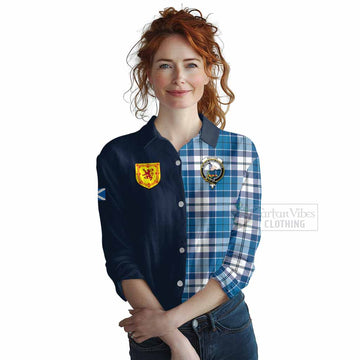 Hutton Tartan Women's Casual Shirt Alba with Scottish Lion Royal Arm Half Style Female - Tartan Vibes Clothing
