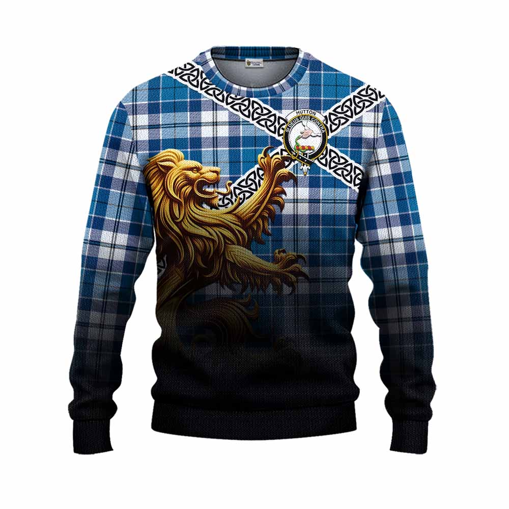 Hutton Crest Tartan Knitted Sweater with Golden Lion Emblem Celtic Style Unisex - Tartan Vibes Clothing