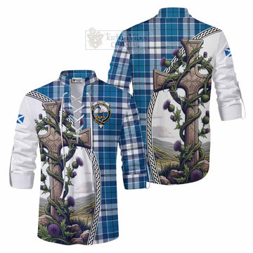 Hutton Tartan Ghillie Kilt Shirt with Family Crest and St. Andrew's Cross Accented by Thistle Vines