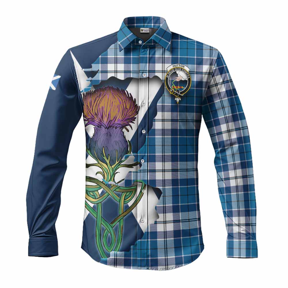 Tartan Vibes Clothing Hutton Tartan Family Crest Long Sleeve Button Shirt Scottish Thistle Celtic Inspired