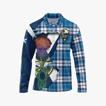 Tartan Vibes Clothing Hutton Tartan Family Crest Long Sleeve Polo Shirt Scottish Thistle Celtic Inspired