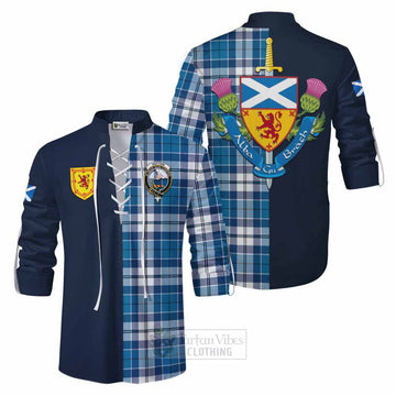 Hutton Tartan Ghillie Kilt Shirt Alba with Scottish Lion Royal Arm Half Style Men - Tartan Vibes Clothing