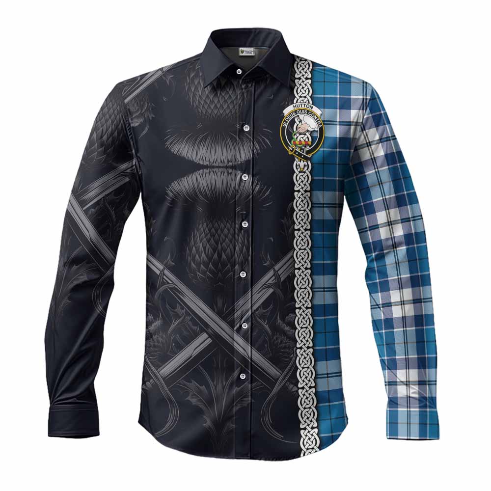 Tartan Vibes Clothing Hutton Tartan Long Sleeve Button Shirt with Family Crest Cross Sword Thistle Celtic Vibes