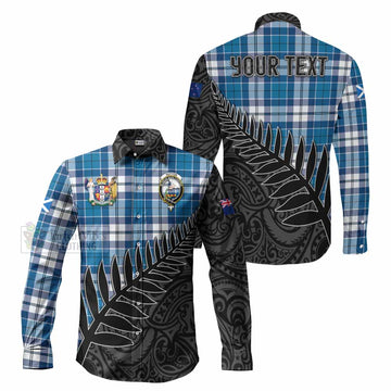 Tartan Vibes Clothing Hutton Crest Tartan Long Sleeve Button Shirt with New Zealand Silver Fern Half Style