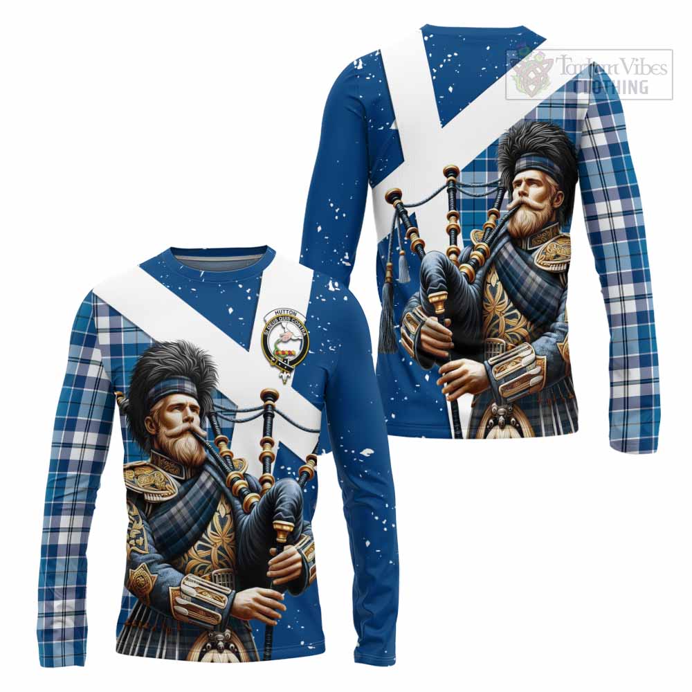 Hutton Tartan Long Sleeve T-Shirt with Family Crest Scottish Bagpiper Vibes Unisex - Tartan Vibes Clothing