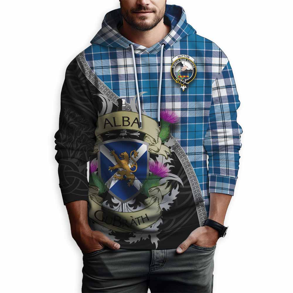 Hutton Tartan Family Crest Hoodie Lion Rampant Royal Thistle Shield Celtic Inspired Pullover Hoodie - Tartan Vibes Clothing