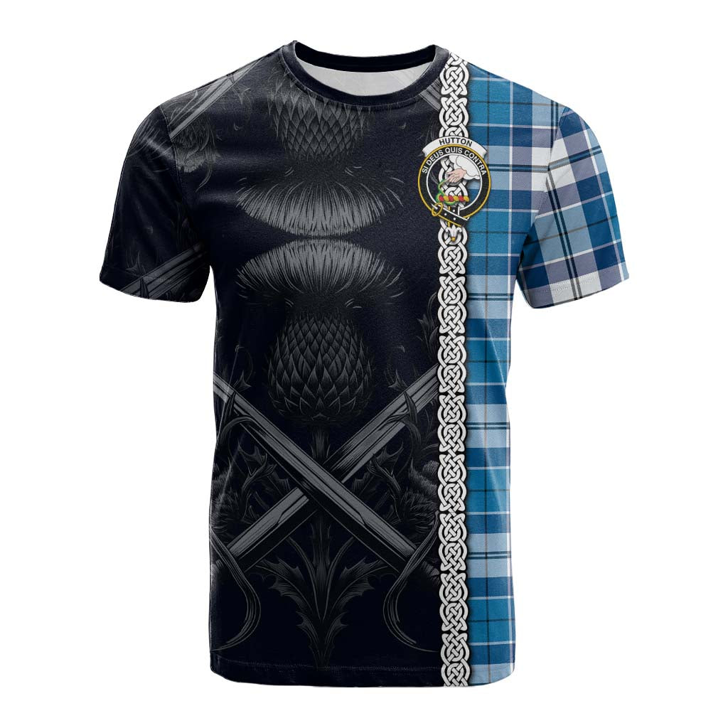 Tartan Vibes Clothing Hutton Tartan Cotton T-shirt with Family Crest Cross Sword Thistle Celtic Vibes