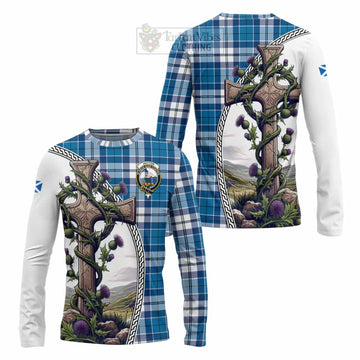 Hutton Tartan Long Sleeve T-Shirt with Family Crest and St. Andrew's Cross Accented by Thistle Vines