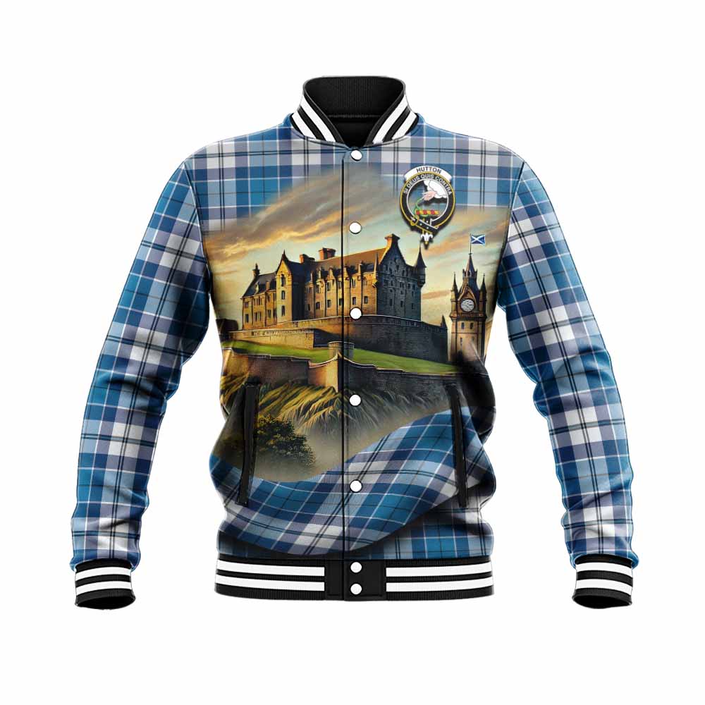 Hutton Tartan Family Crest Baseball Jacket with Scottish Ancient Castle Style Unisex - Tartan Vibes Clothing