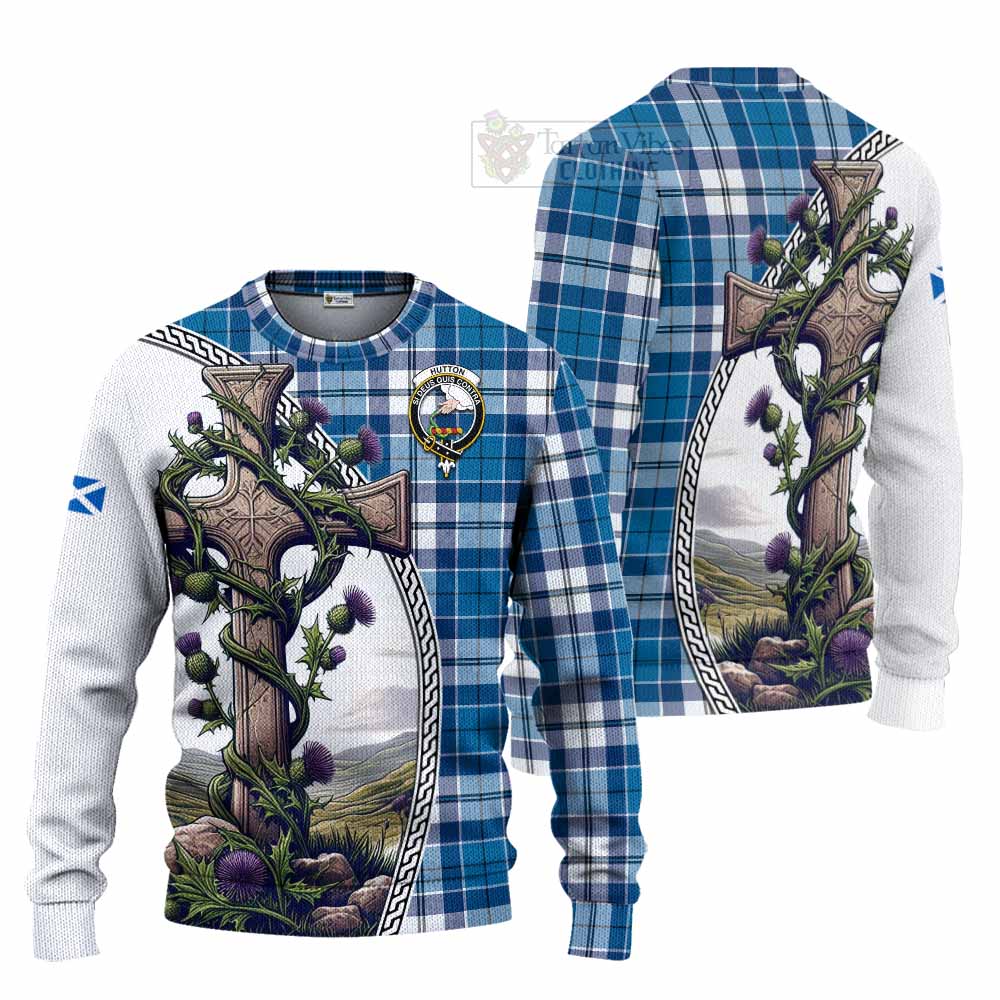 Hutton Tartan Knitted Sweater with Family Crest and St. Andrew's Cross Accented by Thistle Vines Unisex - Tartan Vibes Clothing