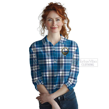 Hutton Tartan Women's Casual Shirt with Family Crest and Bearded Skull Holding Bottles of Whiskey Female - Tartan Vibes Clothing