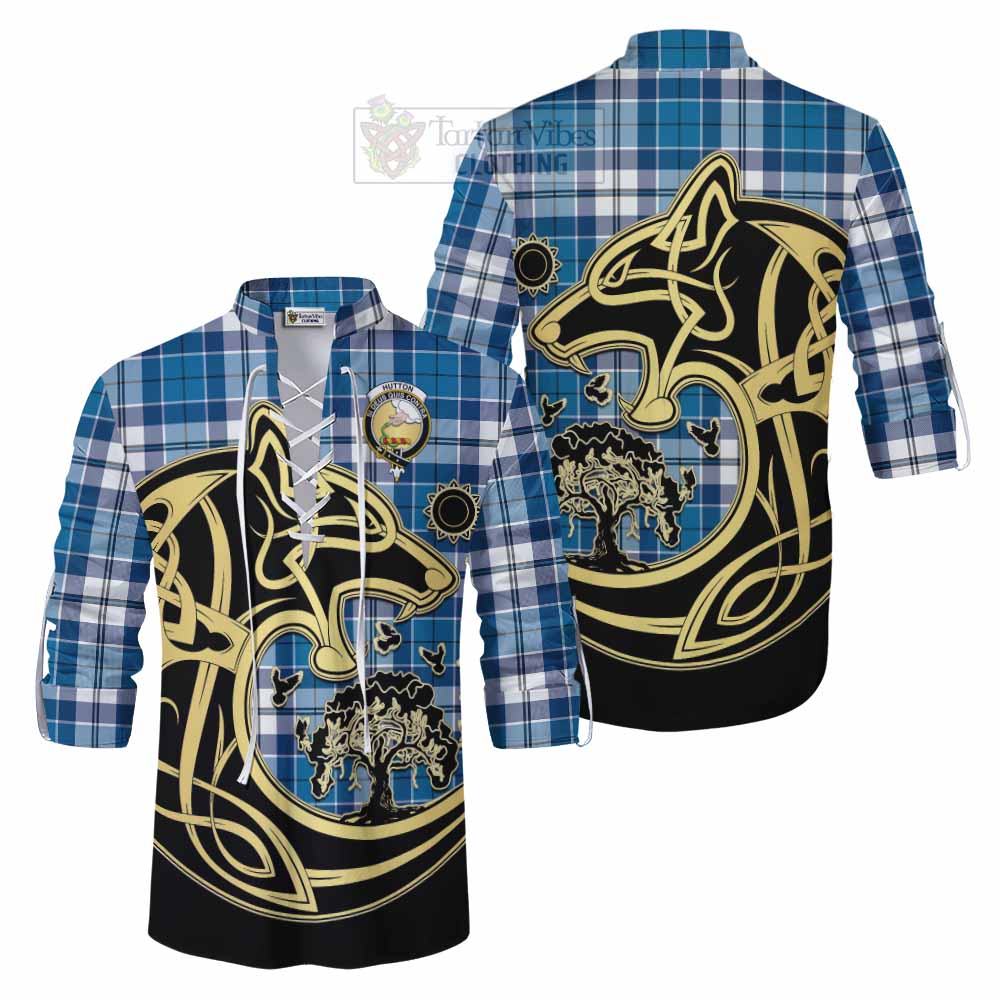 Hutton Tartan Ghillie Kilt Shirt with Family Crest Celtic Wolf Style Men - Tartan Vibes Clothing