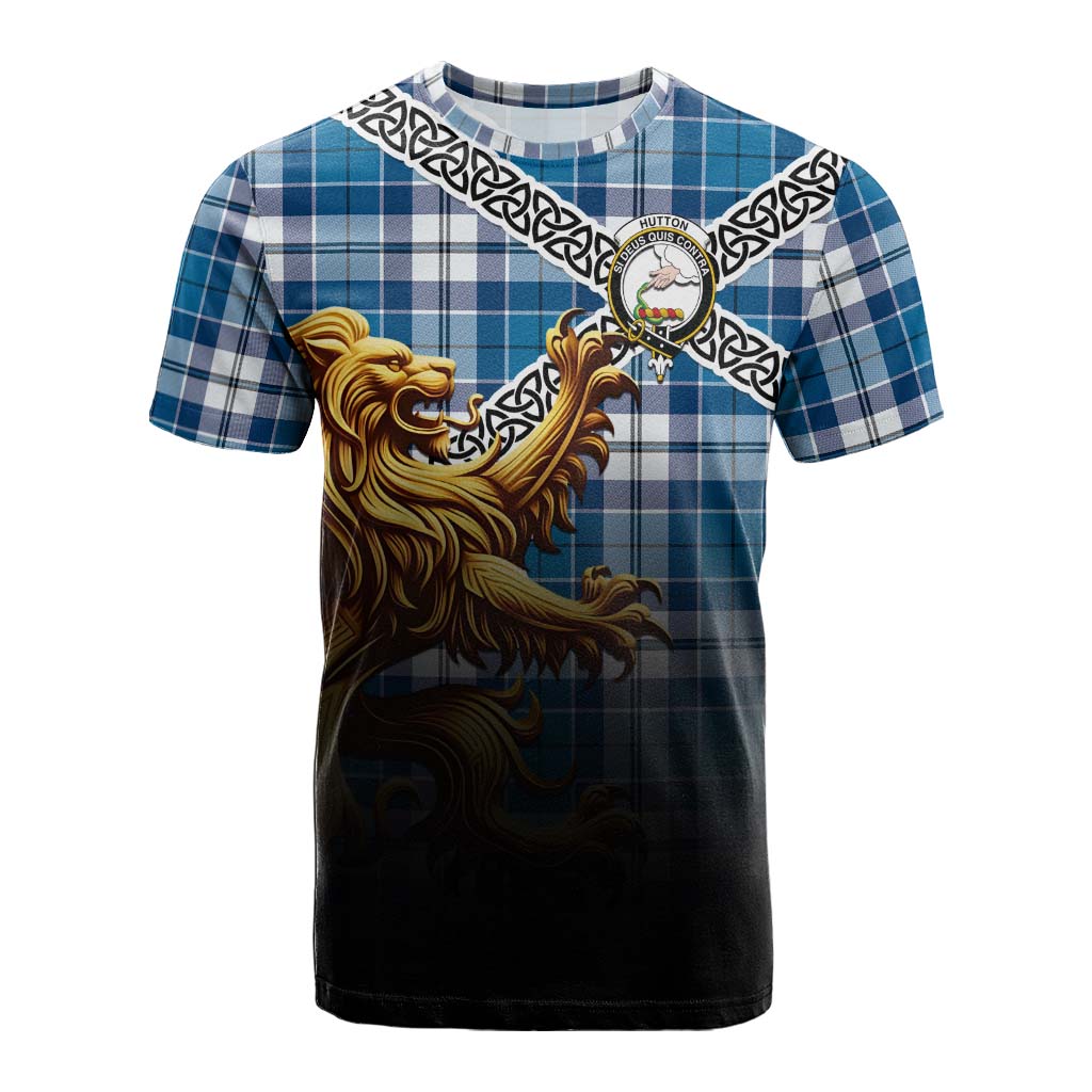 Hutton Crest Tartan Cotton T-shirt with Golden Lion Emblem Celtic Style Kid's Shirt - Tartan Vibes Clothing