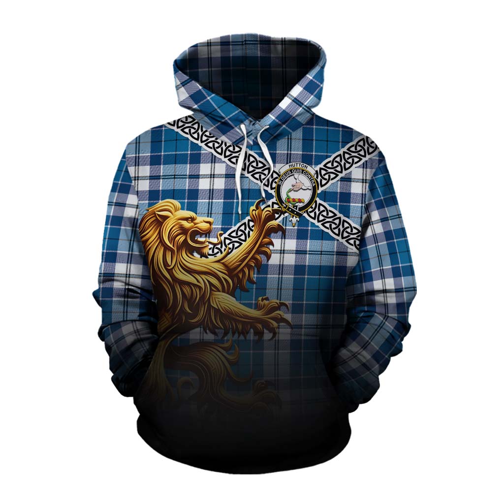 Hutton Crest Tartan Cotton Hoodie with Golden Lion Emblem Celtic Style Pullover Hoodie XS - Tartan Vibes Clothing