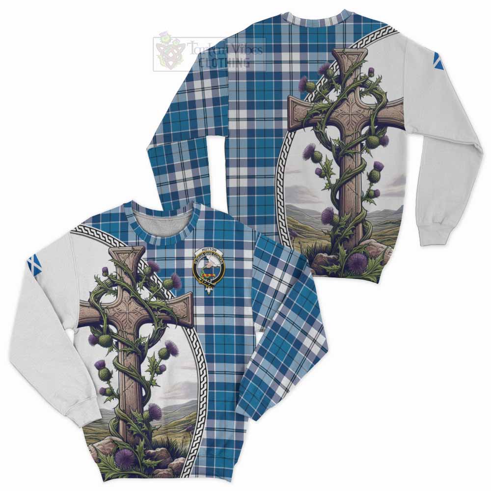 Hutton Tartan Sweatshirt with Family Crest and St. Andrew's Cross Accented by Thistle Vines Unisex - Tartan Vibes Clothing