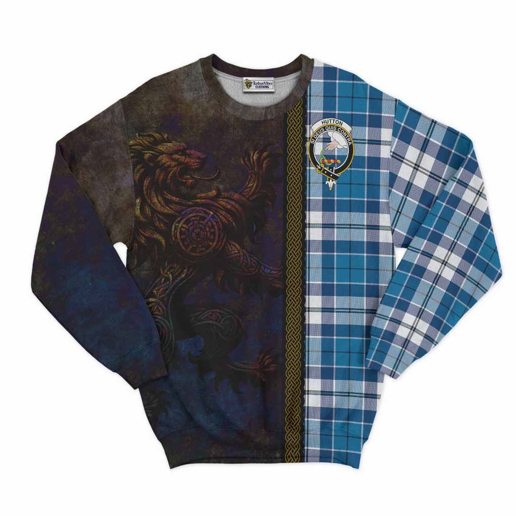 Tartan Vibes Clothing Hutton Tartan Family Crest Sweatshirt Alba Gu Brath Be Brave Lion Ancient Style