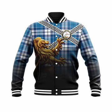 Hutton Crest Tartan Baseball Jacket with Golden Lion Emblem Celtic Style Unisex - Tartan Vibes Clothing