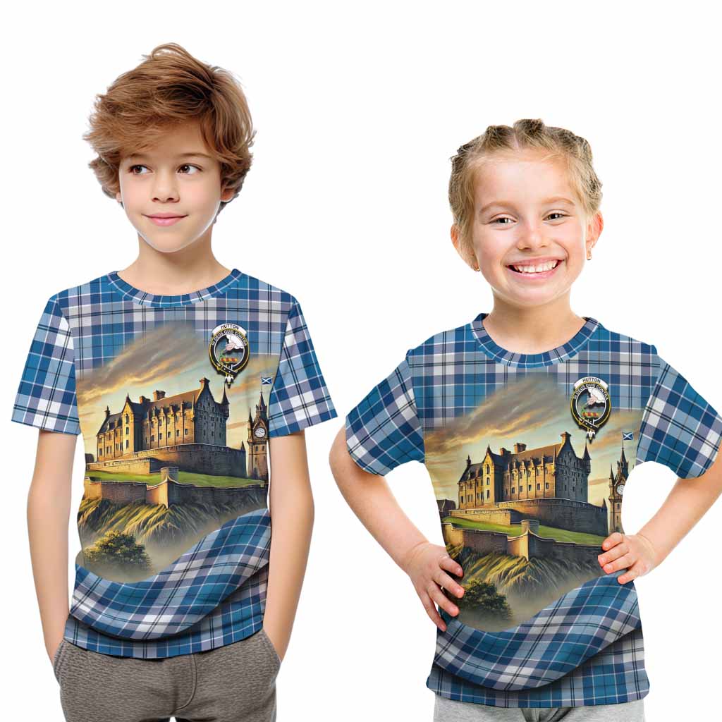 Hutton Tartan Family Crest Kid T-Shirt with Scottish Ancient Castle Style Youth XL Size14 - Tartan Vibes Clothing