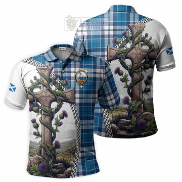 Hutton Tartan Polo Shirt with Family Crest and St. Andrew's Cross Accented by Thistle Vines Kid - Tartan Vibes Clothing