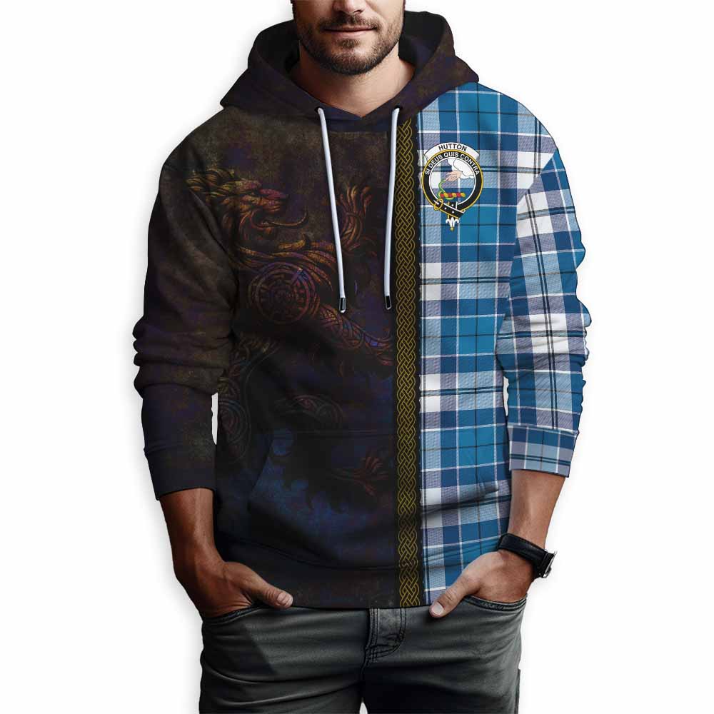 Tartan Vibes Clothing Hutton Tartan Family Crest Hoodie Alba Gu Brath Be Brave Lion Ancient Style