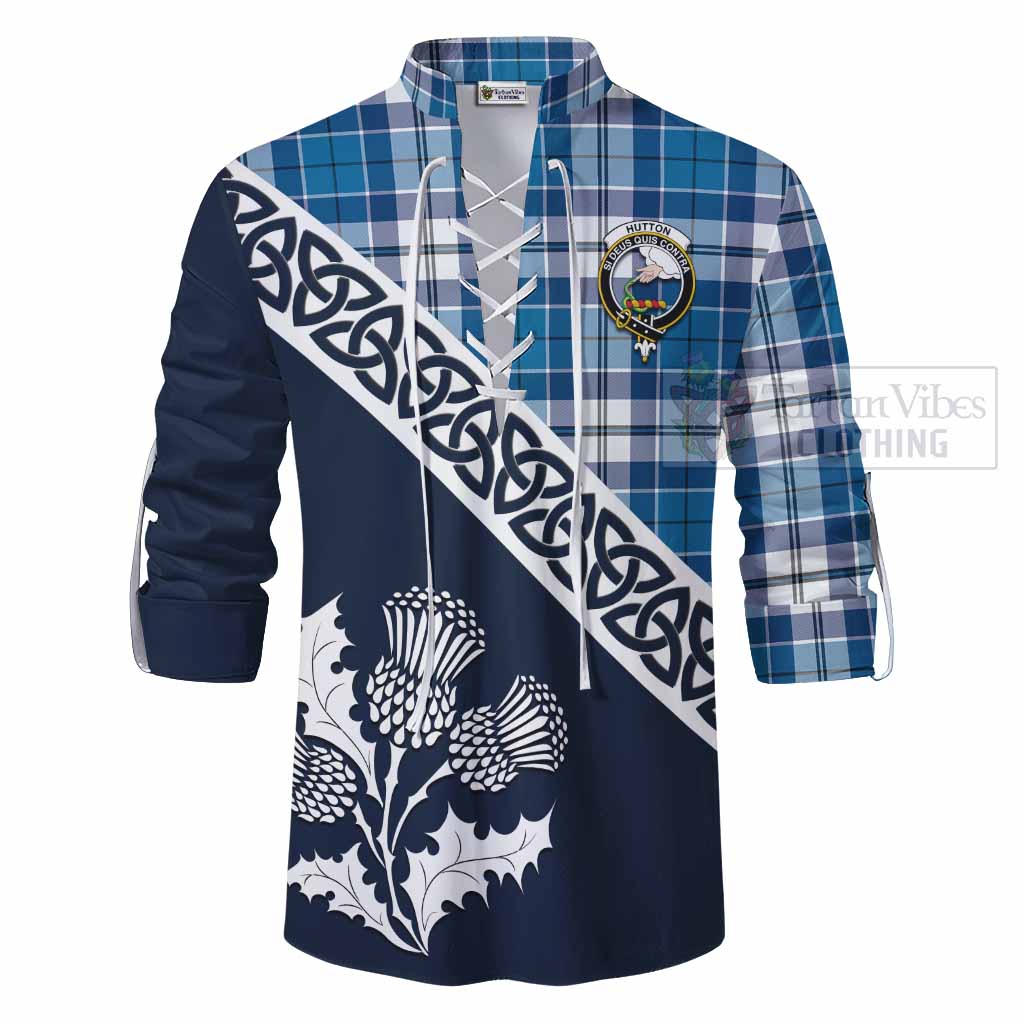 Hutton Tartan Ghillie Kilt Shirt Featuring Thistle and Scotland Map - Tartan Vibes Clothing