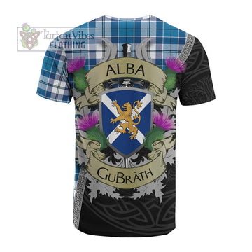 Hutton Tartan Family Crest Cotton T-shirt Lion Rampant Royal Thistle Shield Celtic Inspired