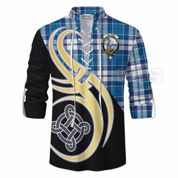 Hutton Tartan Ghillie Kilt Shirt with Family Crest and Celtic Symbol Style - Tartan Vibes Clothing