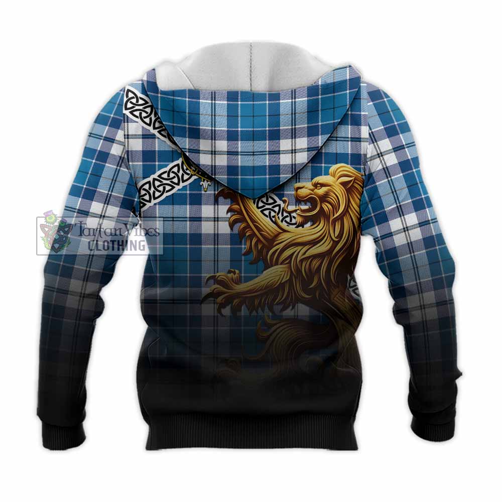 Hutton Crest Tartan Knitted Hoodie with Golden Lion Emblem Celtic Style - Tartan Vibes Clothing