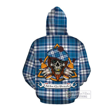 Hutton Tartan Cotton Hoodie with Family Crest and Bearded Skull Holding Bottles of Whiskey Pullover Hoodie - Tartan Vibes Clothing