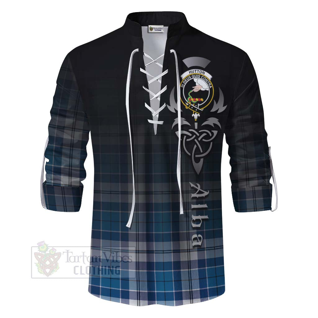 Hutton Tartan Ghillie Kilt Shirt Featuring Alba Gu Brath Family Crest Celtic Inspired - Tartan Vibes Clothing