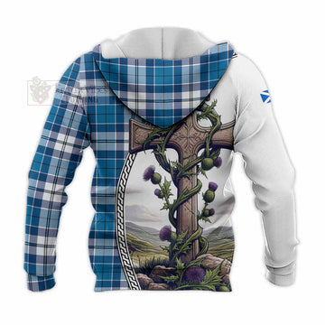 Hutton Tartan Knitted Hoodie with Family Crest and St. Andrew's Cross Accented by Thistle Vines