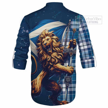Hutton Tartan Family Crest Ghillie Kilt Shirt with Scottish Majestic Lion - Tartan Vibes Clothing